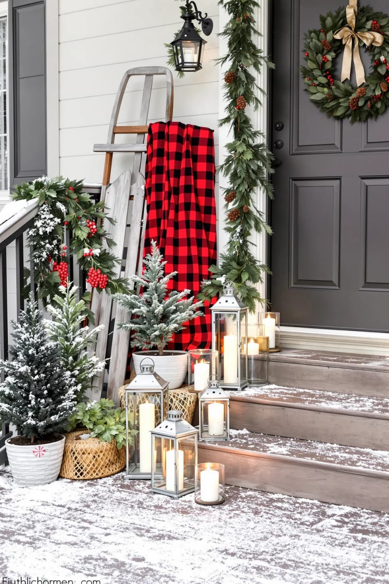 Farmhouse Porch with Mini Christmas Trees and Lanterns Farmhouse Porch with Mini Christmas Trees and Lanterns — Farmhouse Christmas Decor