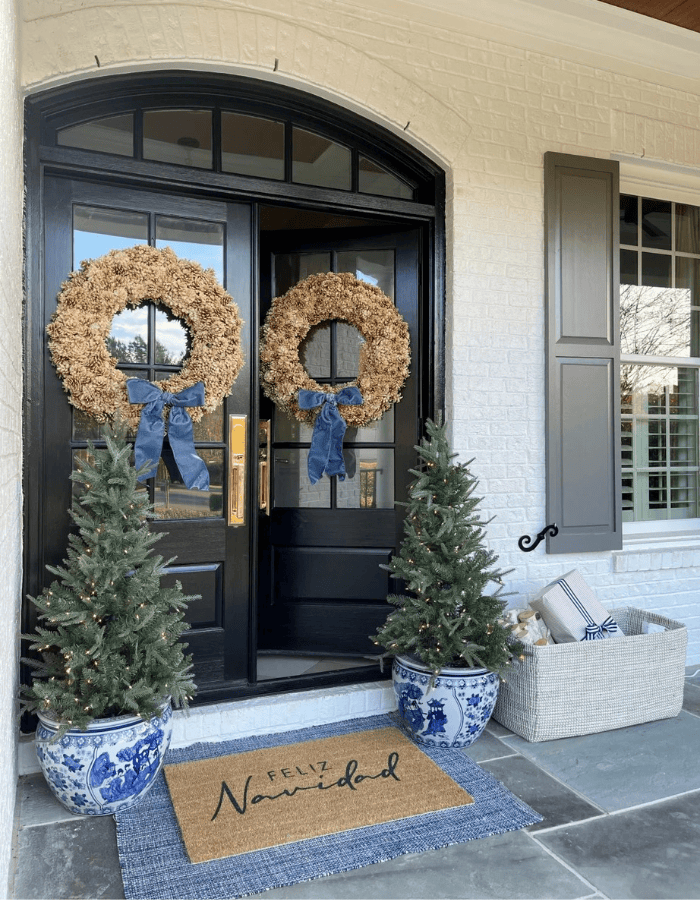 Traditional Porch with Hydrangea Wreaths and Blue Planters — Christmas Porch Decor