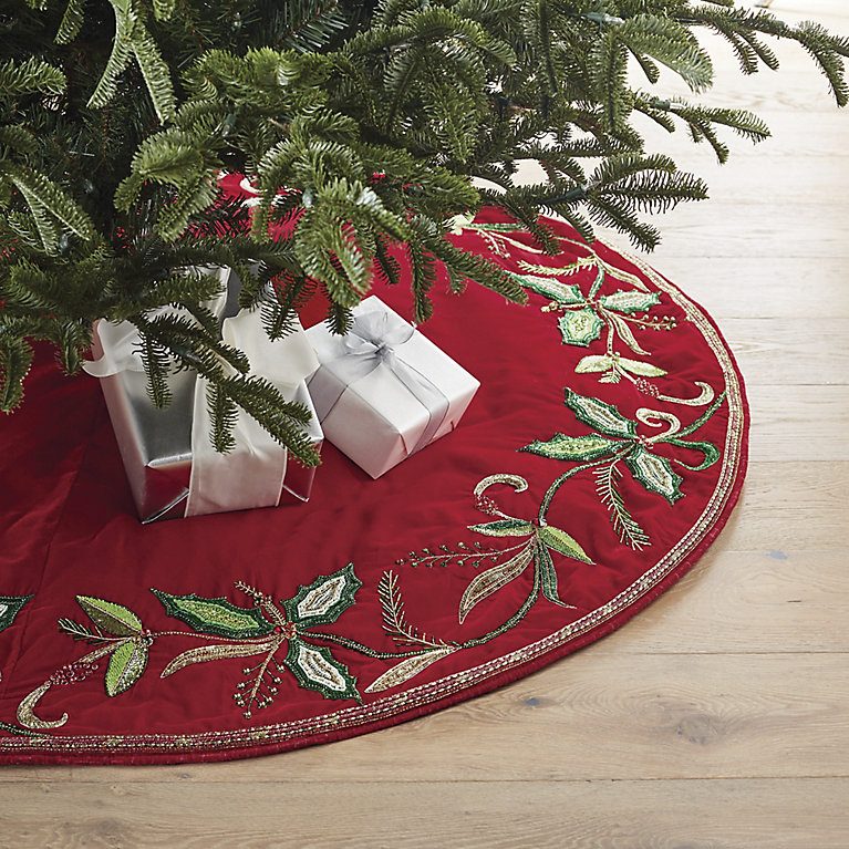 Elegant Red Velvet Tree Skirt with Embroidered Poinsettia and Leaf Design — Christmas Tree Skirt