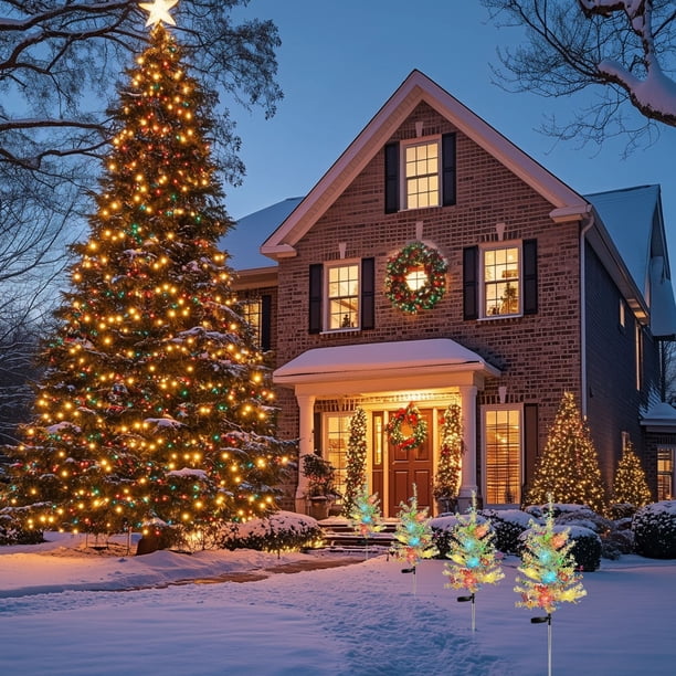 Traditional Yard with Large Lit Christmas Tree and House Lights Traditional Yard with Large Lit Christmas Tree and House Lights — Outdoor Christmas Lights