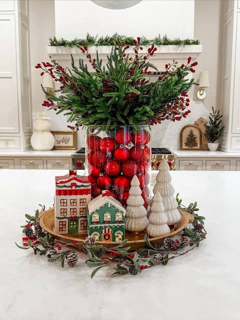 Modern Farmhouse Vase with Red Ornaments and Greenery — Christmas Centerpiece