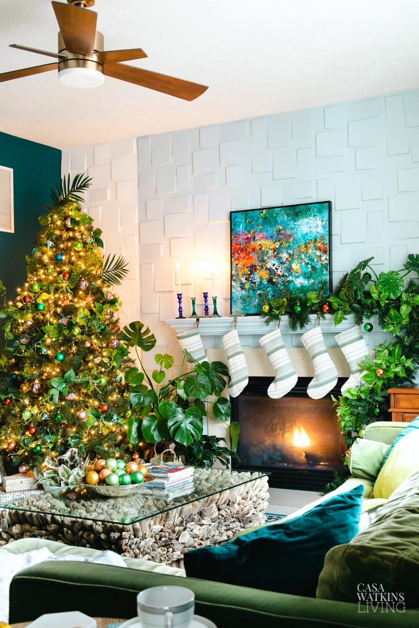 Vibrant Boho Christmas Tree and Fireplace with Lush Greenery — Boho Christmas Decor