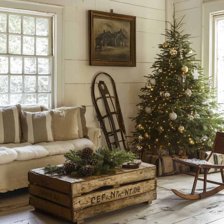 Cozy Living Room with Gold-Adorned Christmas Tree — Rustic Christmas Decor
