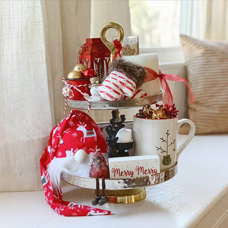 Silver Tiered Tray with Whimsical Gnome and Festive Mug — Christmas Tiered Tray