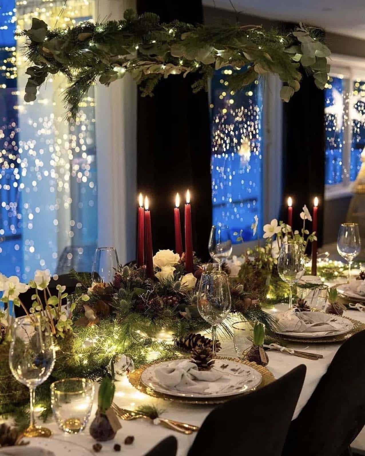 Overhead Greenery and String Lights for a Festive Centerpiece Overhead Greenery and String Lights for a Festive Centerpiece — Elegant Christmas Table Setting