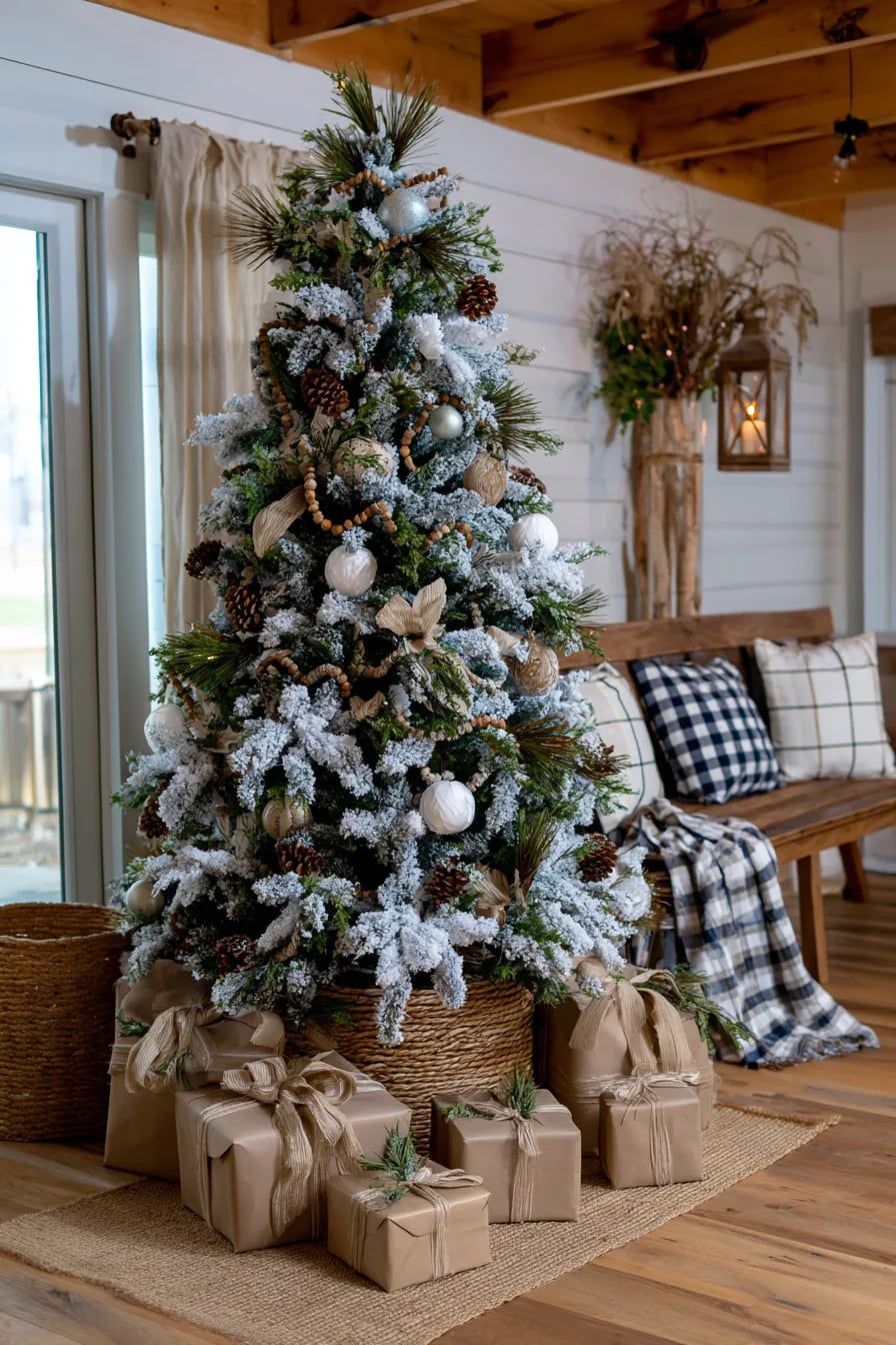 Flocked Tree in a Woven Basket with Neutral Ornaments — Rustic Christmas Tree