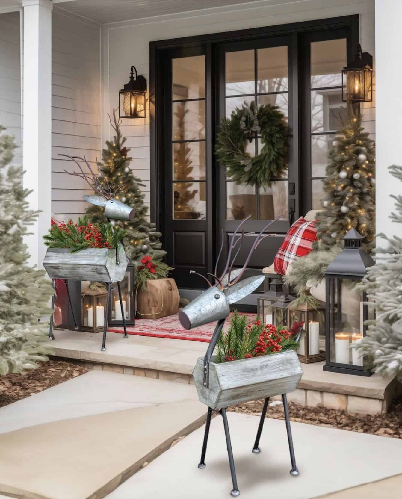 Galvanized Metal Reindeer Planters with Festive Greenery Galvanized Metal Reindeer Planters with Festive Greenery — Farmhouse Christmas Decor