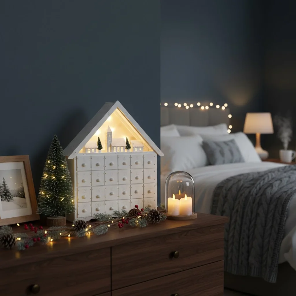 Cozy Minimalist Christmas Vignette with Advent Calendar Cozy Minimalist Christmas Vignette with Advent Calendar — Christmas Bedroom Decor