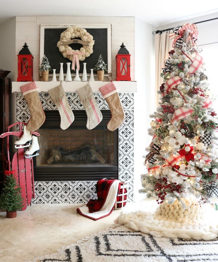 Festive Red and Black Plaid Ribbon on a Flocked Tree Festive Red and Black Plaid Ribbon on a Flocked Tree — Christmas Tree Ribbon