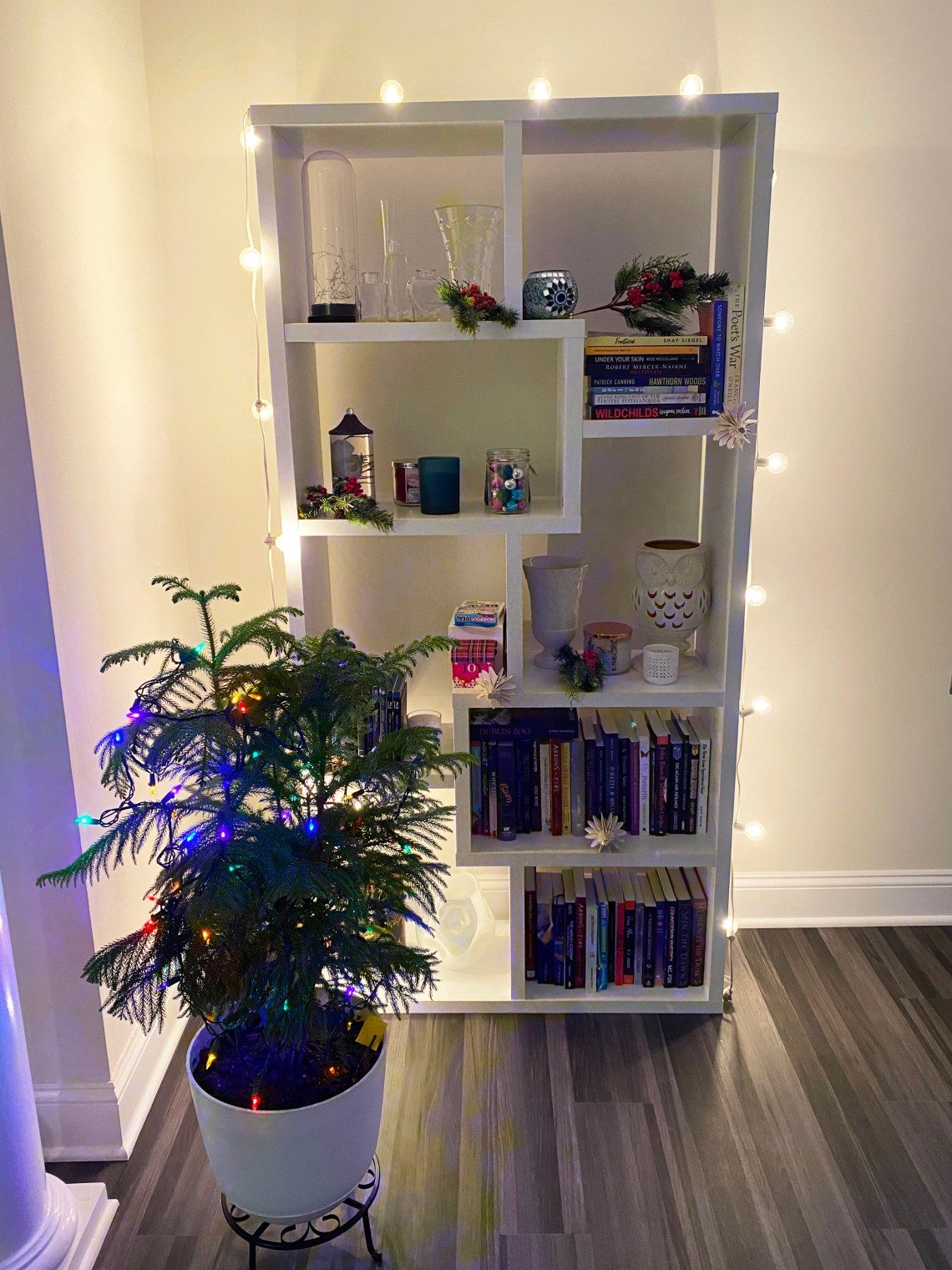 Modern Geometric Bookshelf with a Lit Christmas Tree Modern Geometric Bookshelf with a Lit Christmas Tree — Christmas Bookshelf Decor