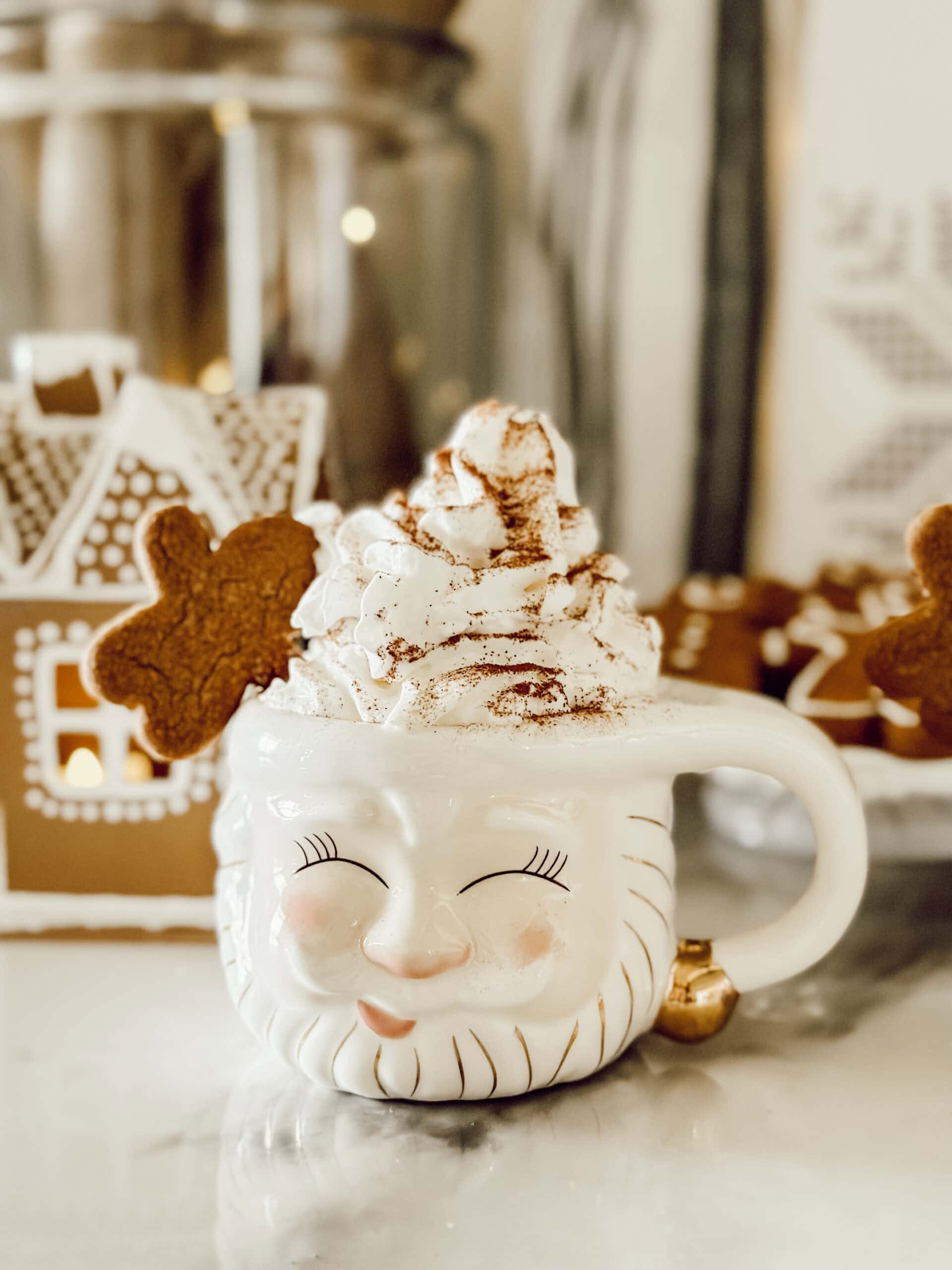 Whimsical Santa Face Mug with Whipped Cream and Gingerbread Whimsical Santa Face Mug with Whipped Cream and Gingerbread — Christmas Hot Cocoa Bar
