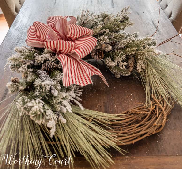 Frosted Pine Wreath with a Bold Striped Bow Frosted Pine Wreath with a Bold Striped Bow — DIY Christmas Wreath