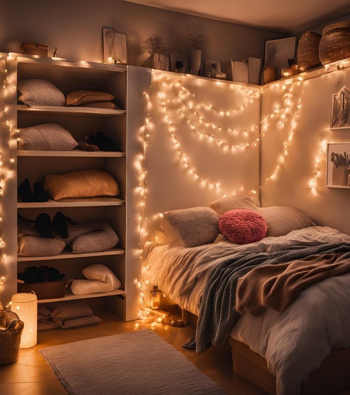 Minimalist Bedroom with Subtle Wall-Mounted Fairy Light Headboard — Christmas Fairy Lights Headboard