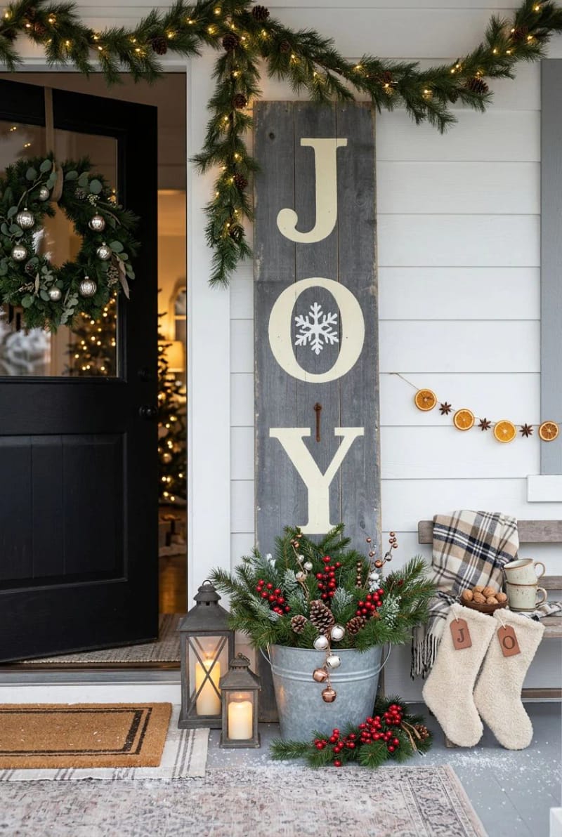 Farmhouse Porch with 'JOY' Sign and Galvanized Bucket — Farmhouse Christmas Porch