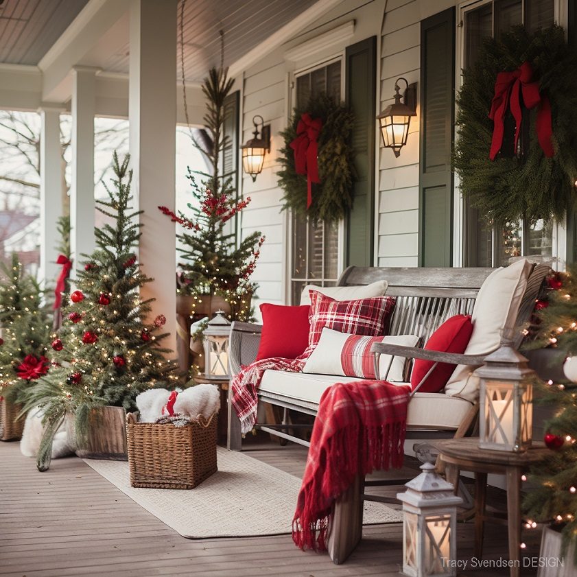 Cozy Farmhouse Porch with Decorated Trees and Lanterns Cozy Farmhouse Porch with Decorated Trees and Lanterns — Christmas Light Display Ideas