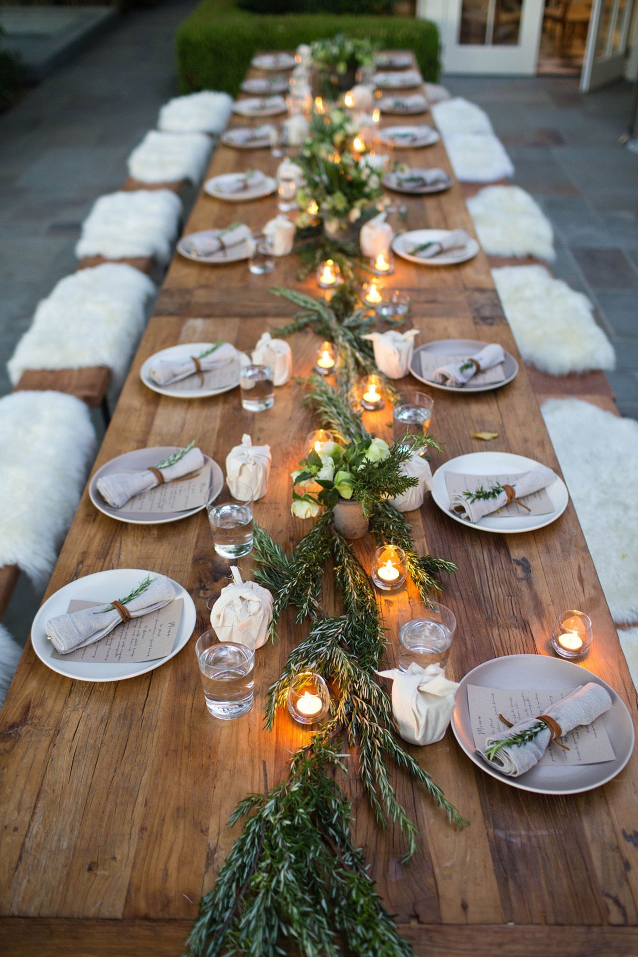 Rustic Outdoor Dining with Greenery Runner and Pumpkins Rustic Outdoor Dining with Greenery Runner and Pumpkins — Christmas Wedding Decor