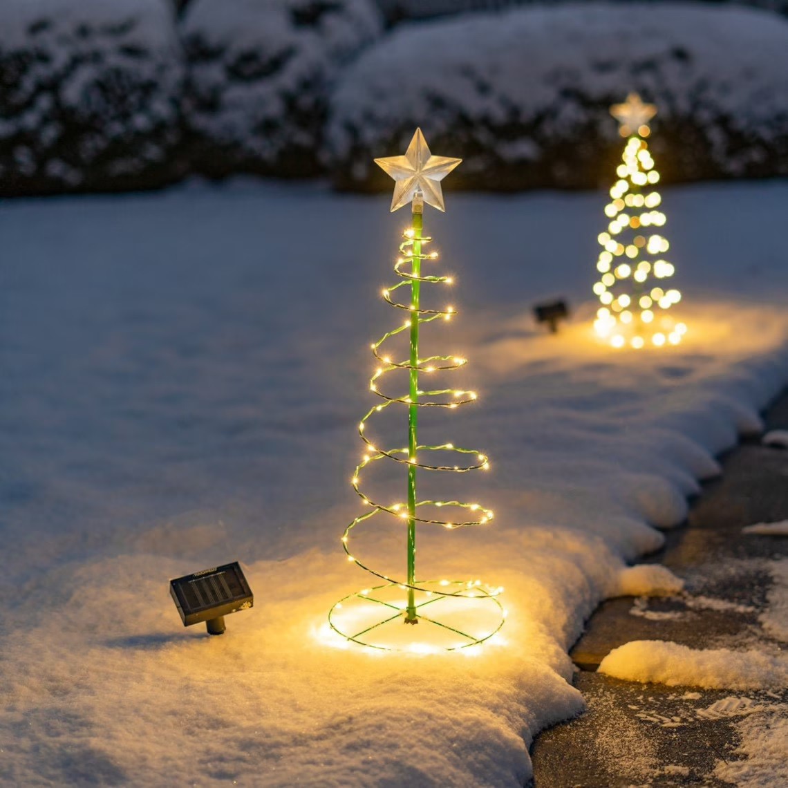 Pathway Lined with Glowing Spiral Christmas Trees in the Snow — Simple Christmas Outdoor Decor