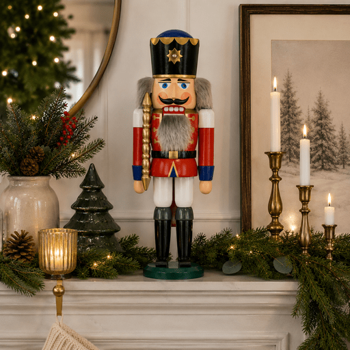 Elegant Nutcracker with Fur Collar on a Festive Mantelpiece Elegant Nutcracker with Fur Collar on a Festive Mantelpiece — Nutcracker Christmas Tree