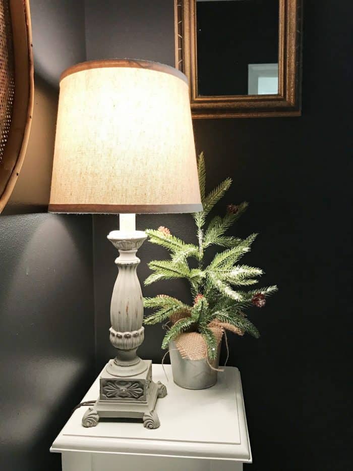 Rustic Vignette with Miniature Pine Tree and Ornate Lamp — Winter Decor After Christmas