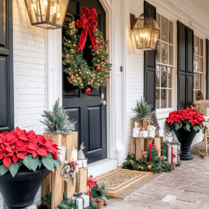 Symmetrical Traditional Porch with Large Lanterns and Festive Accents — Christmas Porch Lanterns