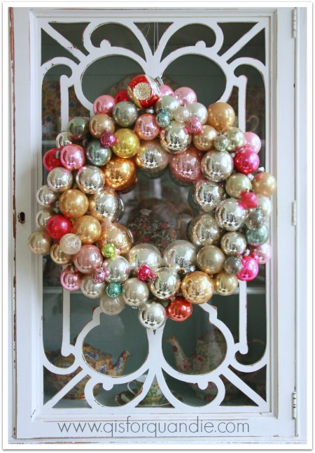Gold and Silver Ornament Wreath in a Cabinet Display — Vintage Christmas Ornaments