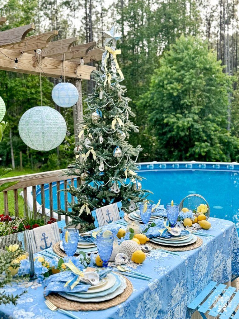 Outdoor Coastal Christmas Tree on a Patio