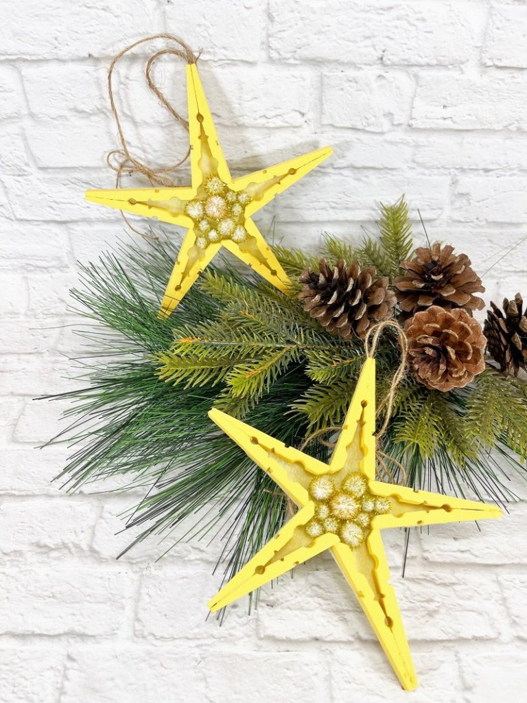 Farmhouse Clothespin Star Ornaments on Pine Branches — Dollar Tree Christmas Decor