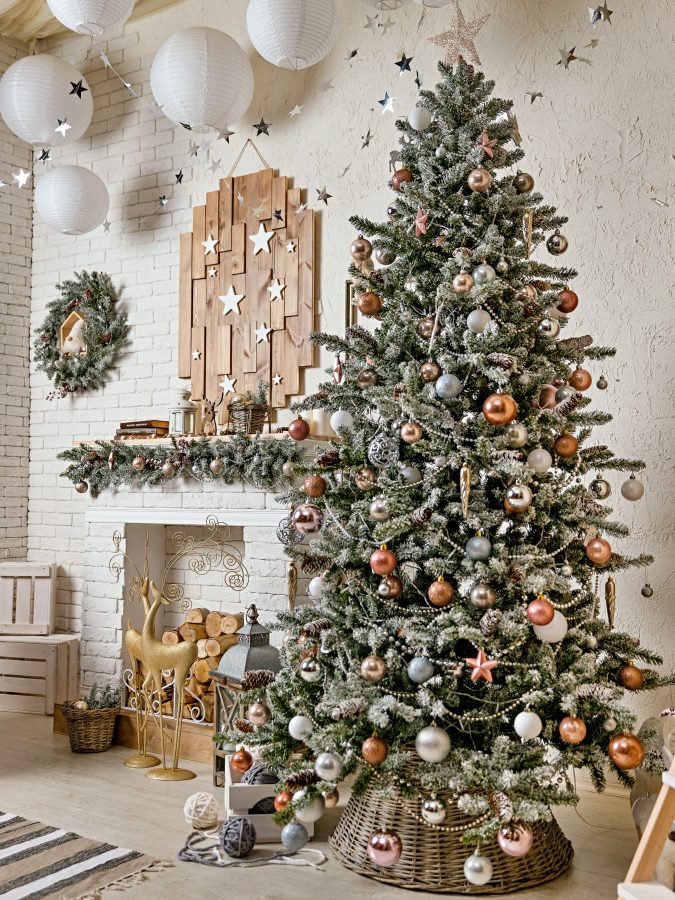 Eclectic Living Room with Christmas Tree and White Brick Fireplace — Neutral Christmas Tree