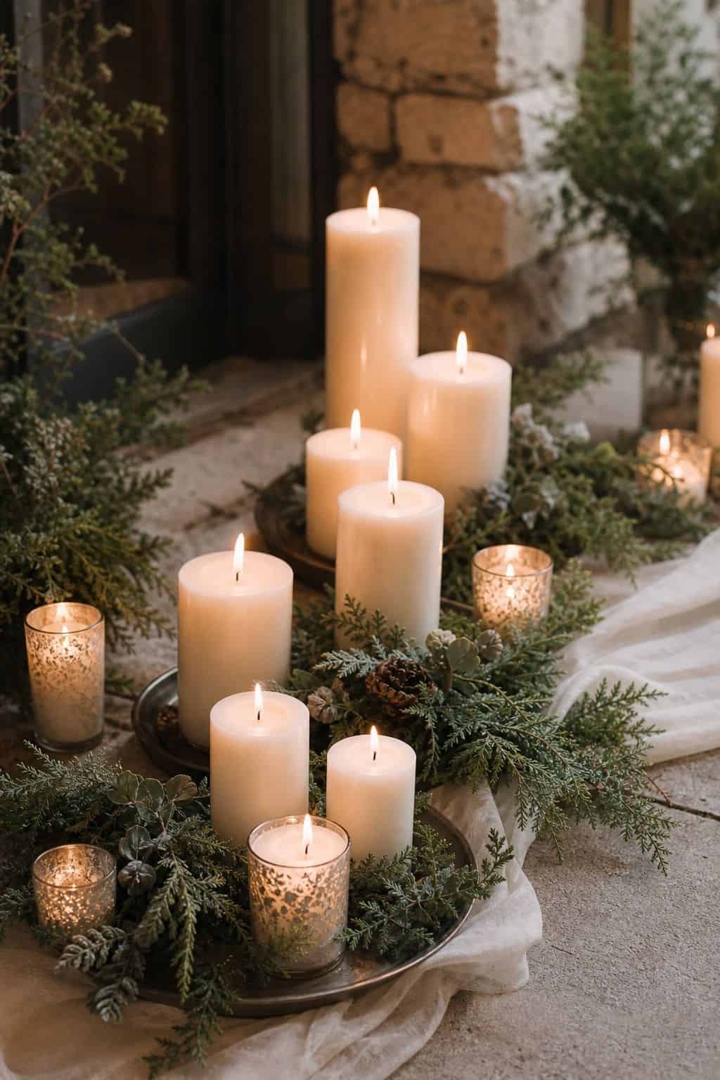 Cluster of Tall Candles with Greenery for Winter Elegance Cluster of Tall Candles with Greenery for Winter Elegance — Christmas Wedding Centerpiece