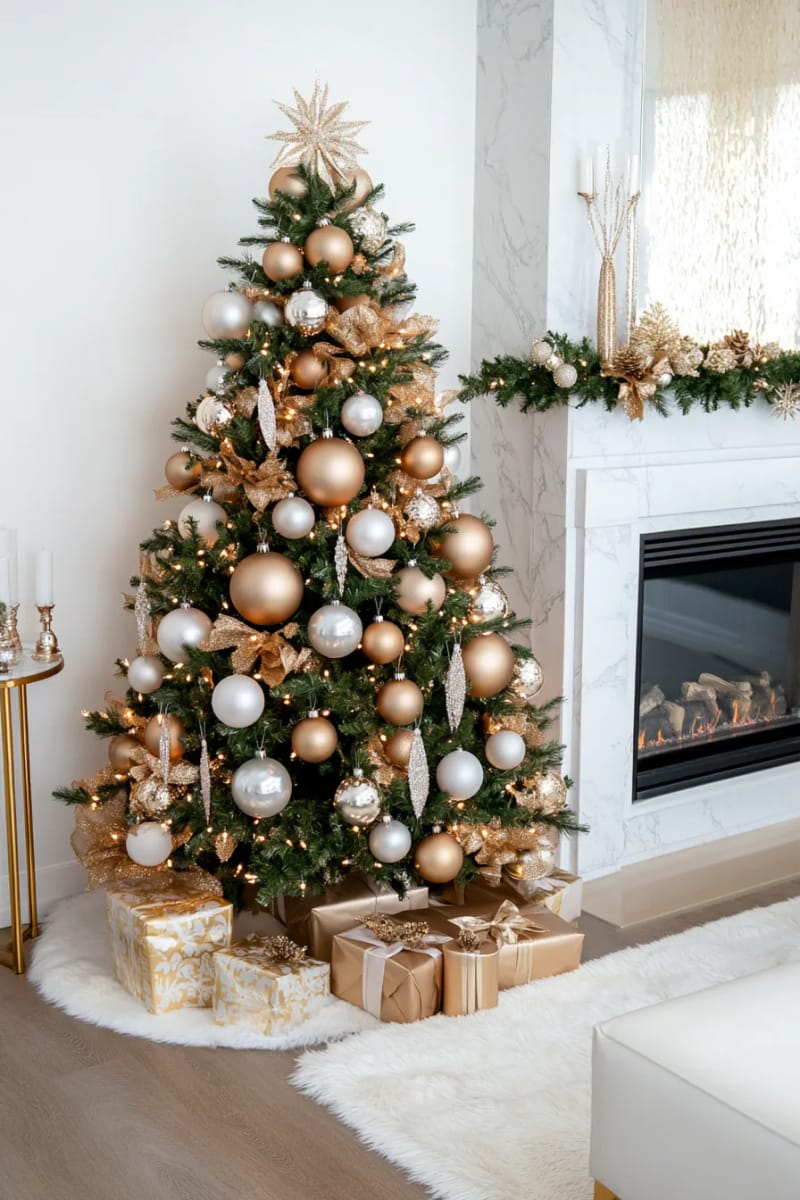 Grandeur Christmas Tree Beside a Marble Fireplace Grandeur Christmas Tree Beside a Marble Fireplace — Elegant Christmas Decor