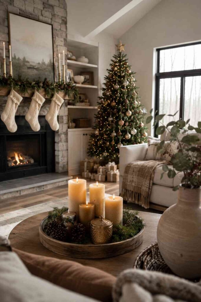 Cozy Living Room with Stone Fireplace and Stockings — Cozy Christmas Decor