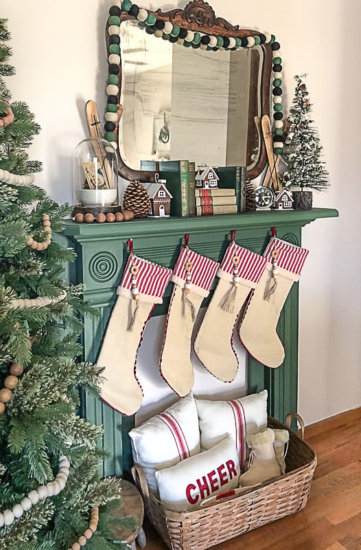 Farmhouse Mantel with Striped Stockings and Mini Tree Farmhouse Mantel with Striped Stockings and Mini Tree — Simple Christmas Decor