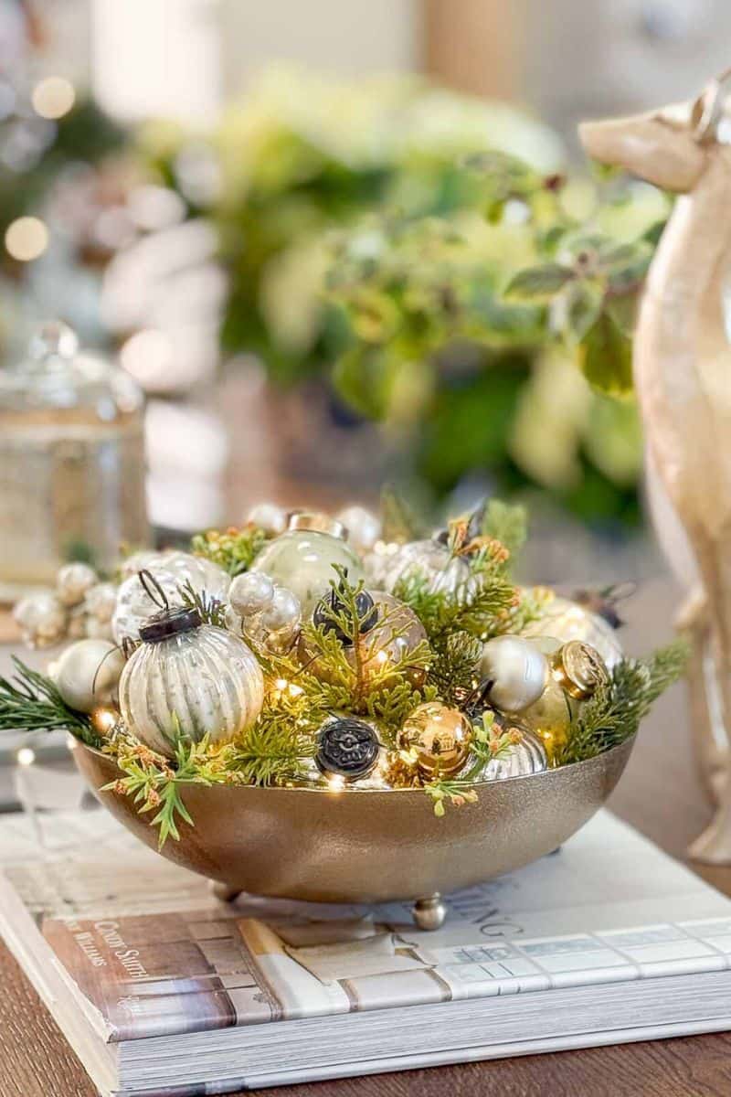 Metallic Bowl Centerpiece with Ornaments and Lights Metallic Bowl Centerpiece with Ornaments and Lights — Simple Christmas Decor