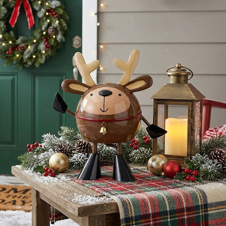 Charming Metal Reindeer with a Bell on a Festive Porch Charming Metal Reindeer with a Bell on a Festive Porch — Whimsical Christmas Decor