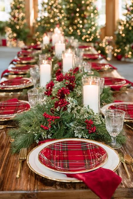 Traditional Dining Table with Red Plaid Chargers and Berry Garland — Red and Green Christmas Decor