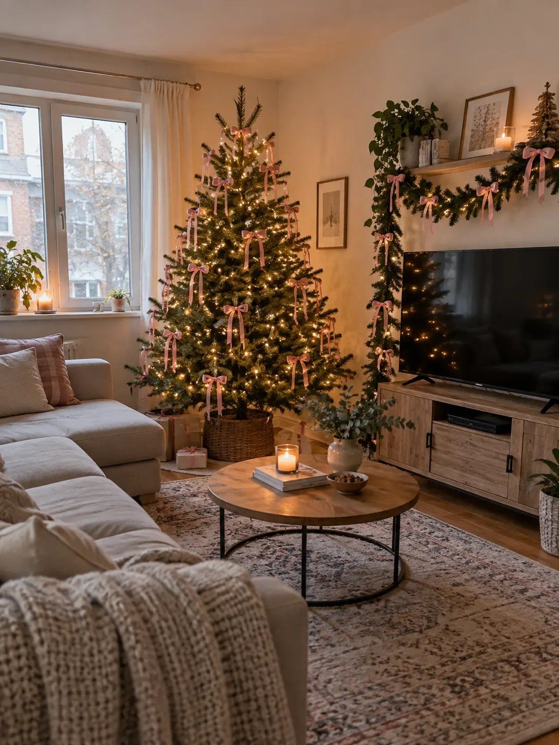 Modern Living Room Featuring a Christmas Tree with Pink Bows and Garland Modern Living Room Featuring a Christmas Tree with Pink Bows and Garland — Pink Christmas Decor