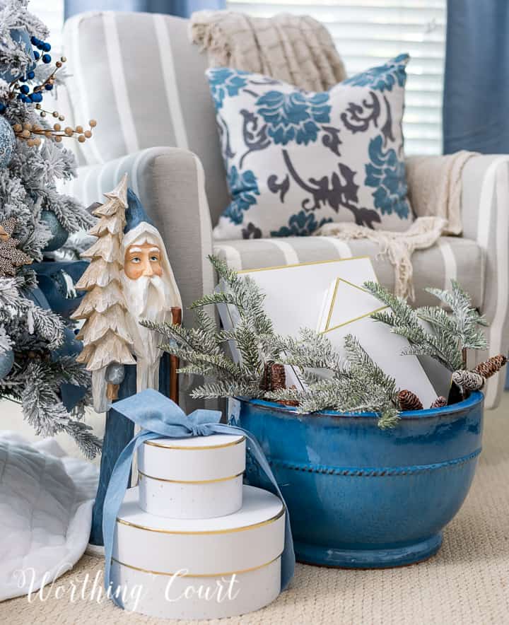 Cozy Corner with Blue Accents and Gnome Figurine — Blue Christmas Decor