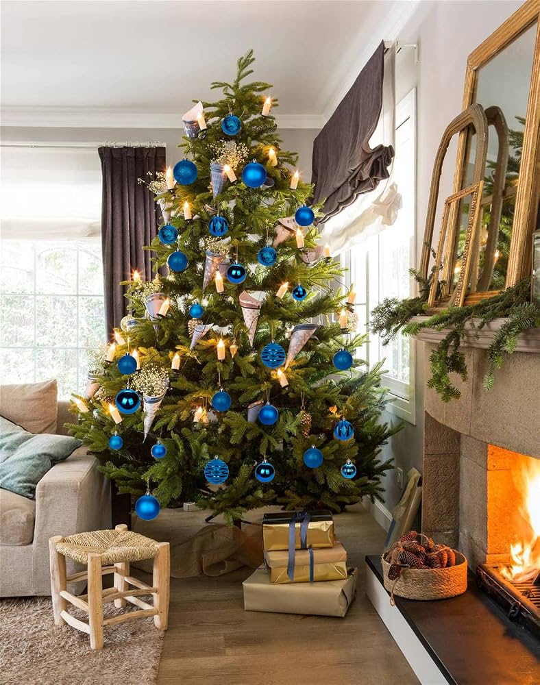 Traditional Living Room with Blue Ornaments and Fireplace — Blue Christmas Decor