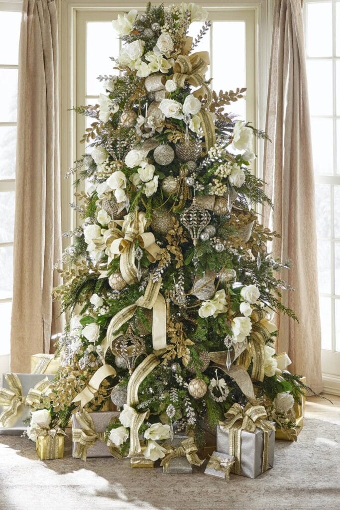 Elegant Christmas Tree with White Flowers and Gold Ribbons — Sage Green Christmas Decor