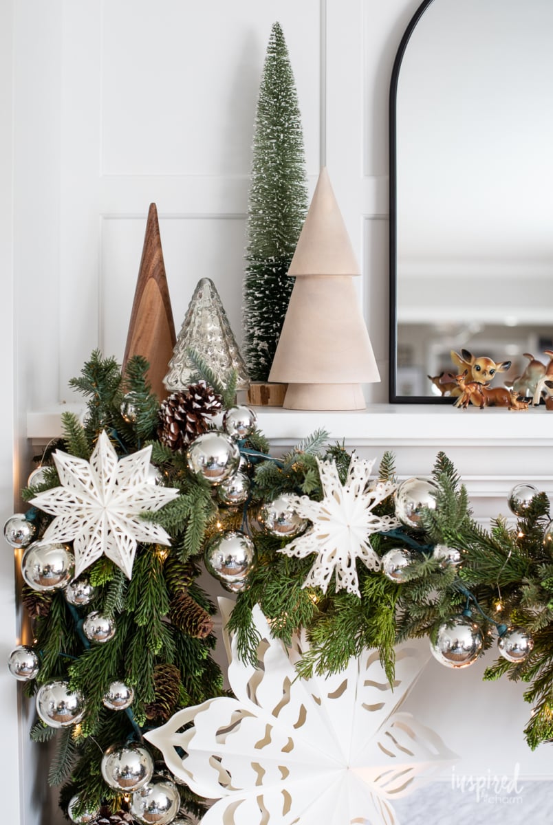 Modern Mantel with Pine Garland and Paper Snowflakes — Winter Wonderland Christmas Decor