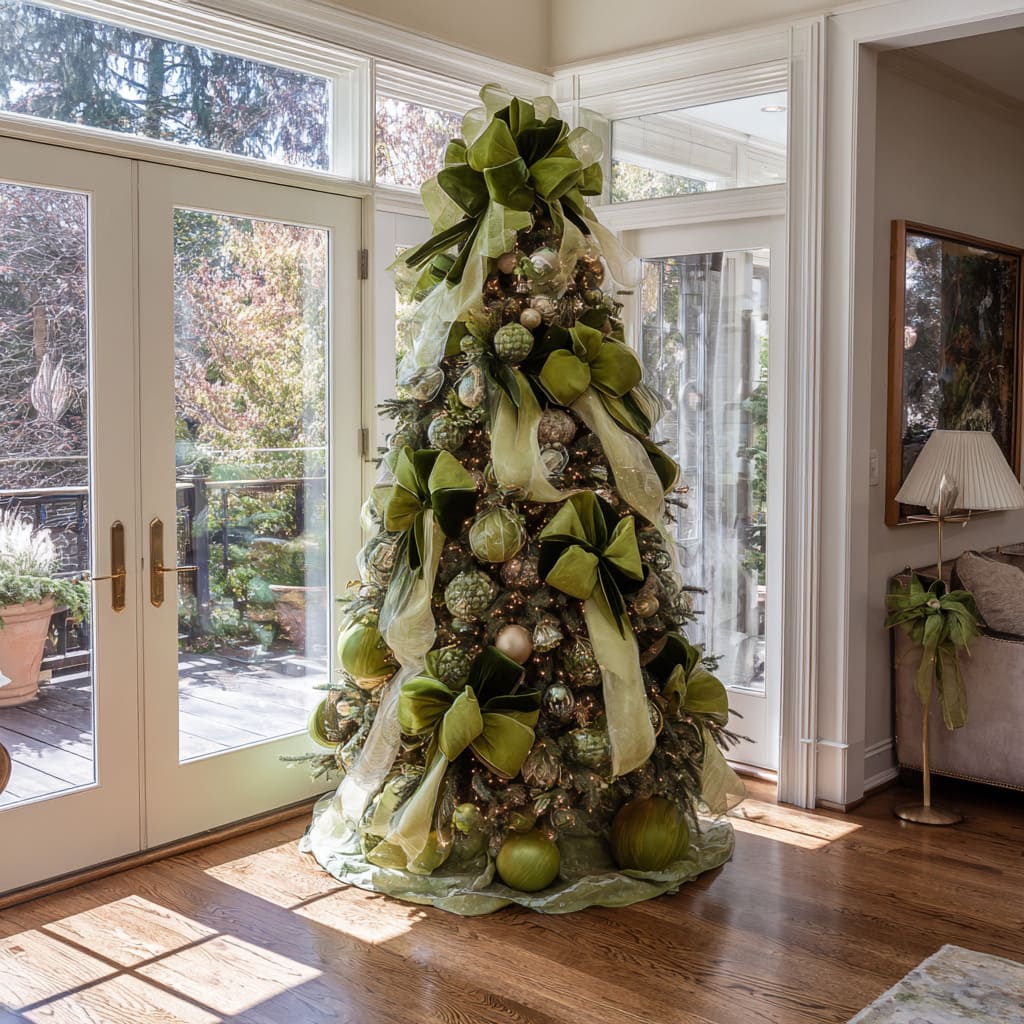 A Bold Statement with Oversized Green Bows on a Lush Tree A Bold Statement with Oversized Green Bows on a Lush Tree — Christmas Tree Themes