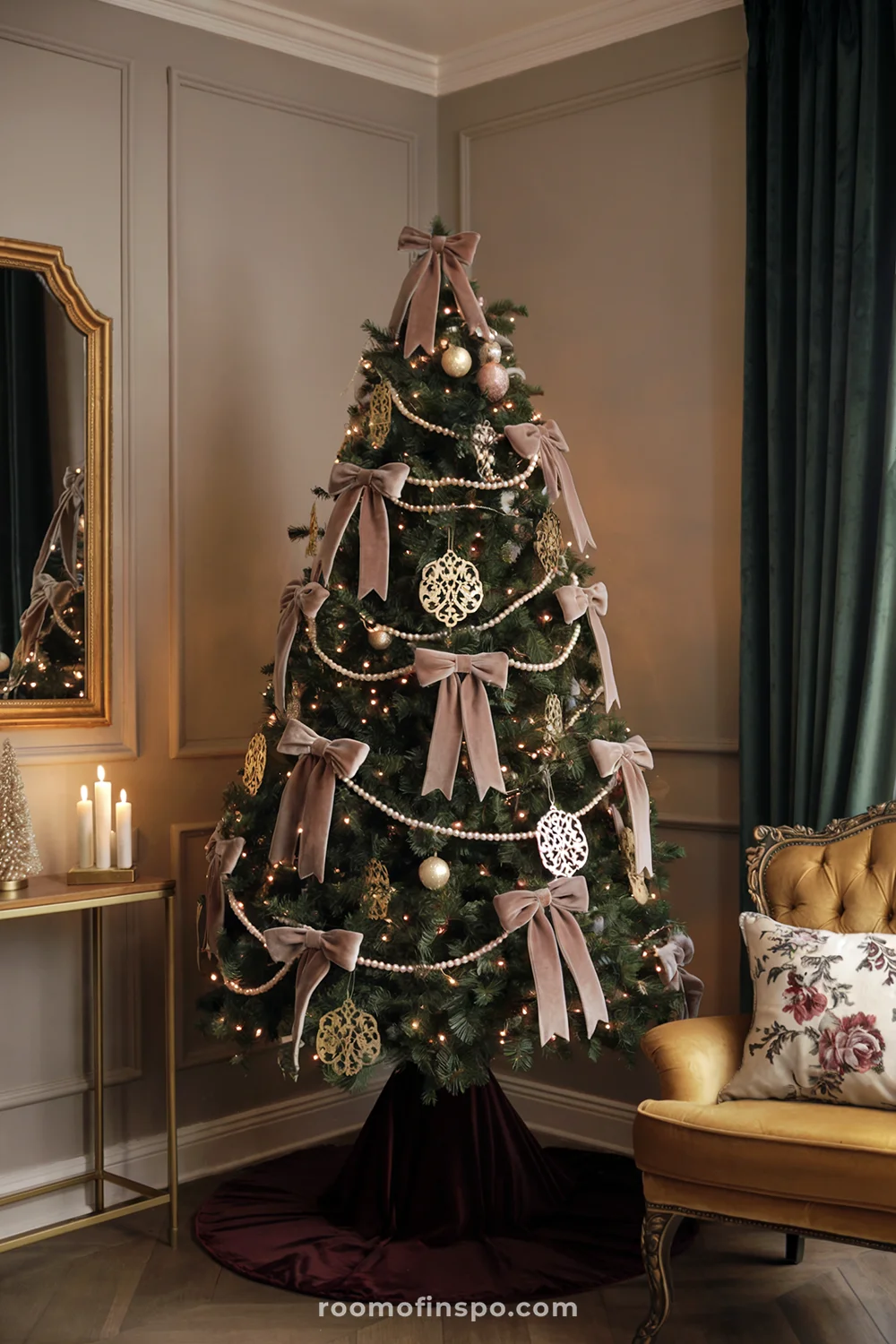 Traditional Living Room with Blush Pink Velvet Accents Traditional Living Room with Blush Pink Velvet Accents — Christmas Tree Trends 2026