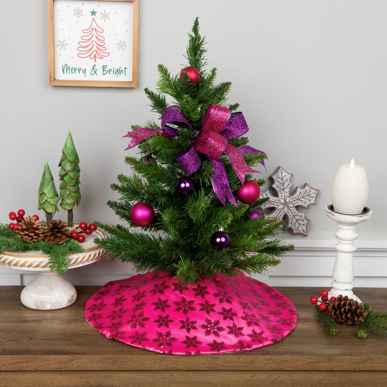 Sparkling Pink Sequin Tree Skirt with Snowflake Pattern for a Whimsical Touch — Christmas Tree Skirt