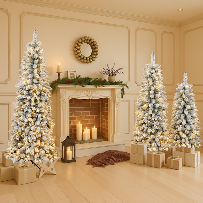 Symmetrical Arrangement of Three Flocked White Trees Around a Fireplace Symmetrical Arrangement of Three Flocked White Trees Around a Fireplace — White Christmas Tree Decor