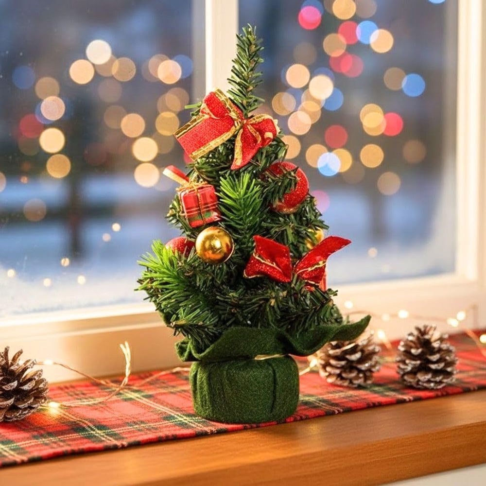 Tiny Tree with Red Bows on a Plaid Runner — Small Christmas Tree Decor