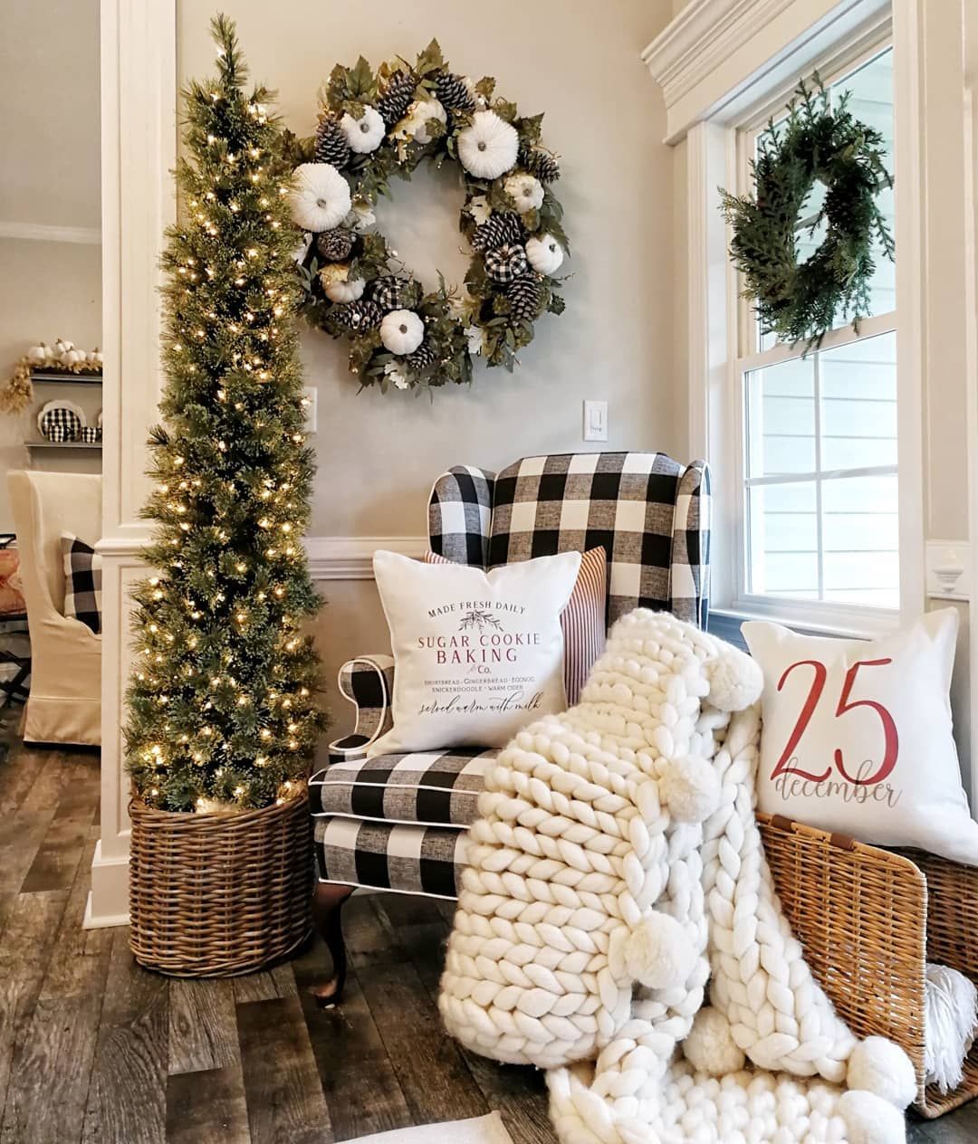 Farmhouse Tree with Buffalo Check Armchair and Wreath — Farmhouse Christmas Tree