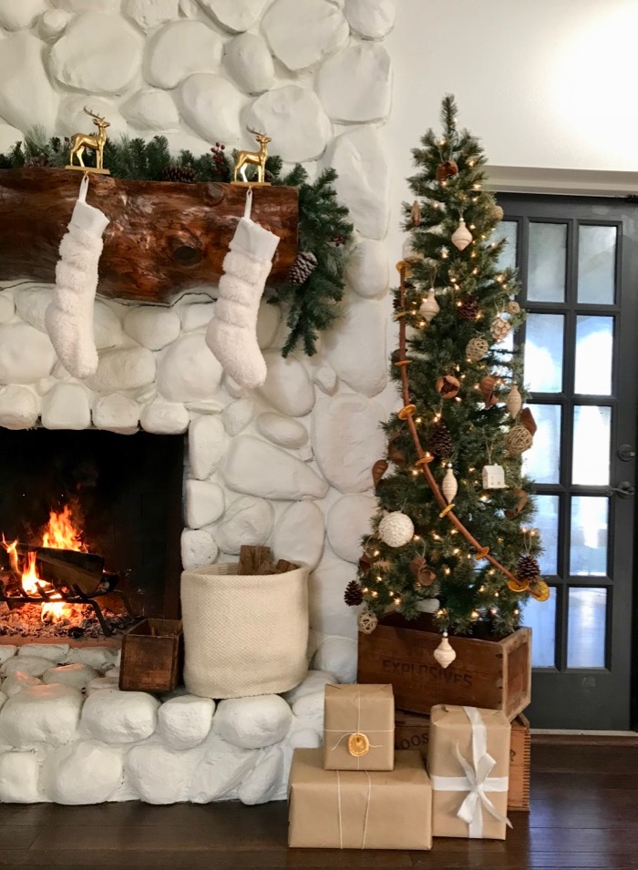 Small Christmas Tree by Rustic Stone Fireplace — Farmhouse Christmas Tree