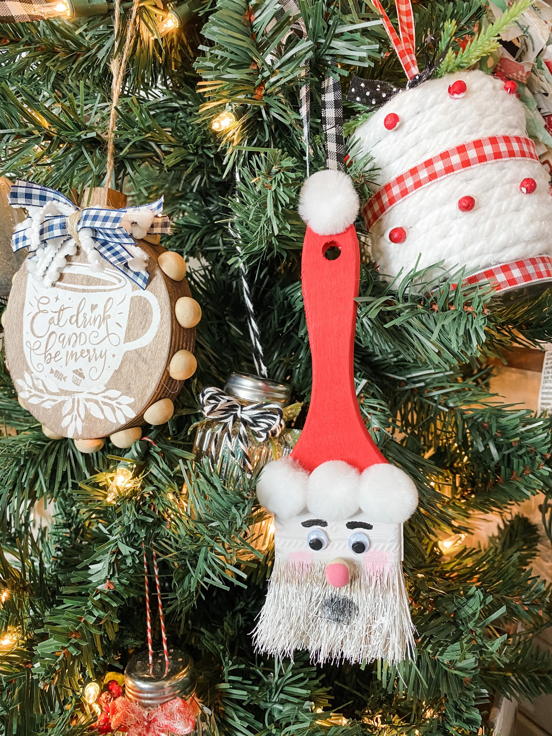 Farmhouse Charm: Paint Brush Santa and Gingham Ribbon Ornaments Farmhouse Charm: Paint Brush Santa and Gingham Ribbon Ornaments — DIY Christmas Ornaments