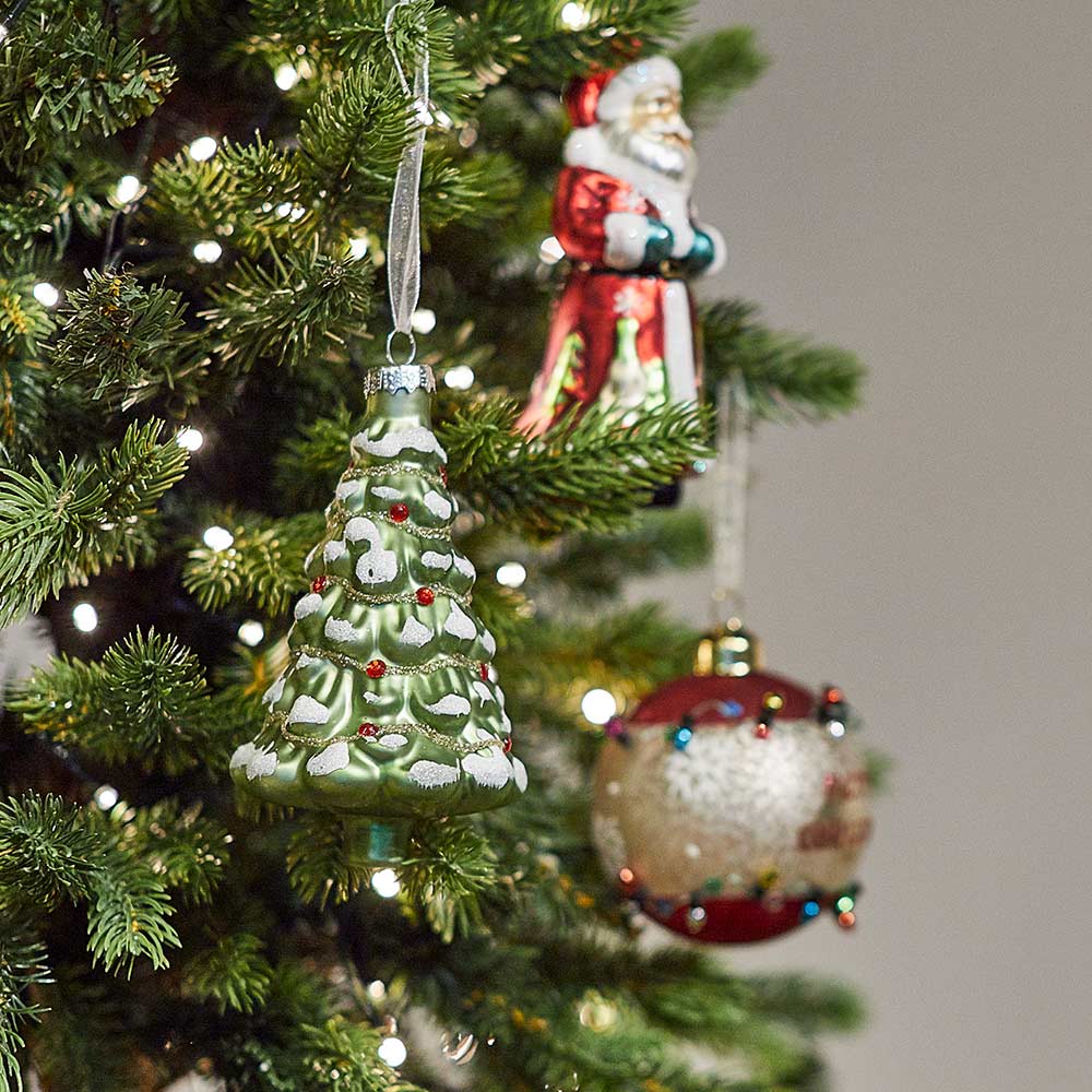 Retro Green Glass Ornament with White Snow Accents — Vintage Christmas Ornaments