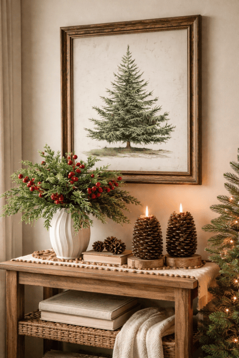 Rustic Farmhouse Corner Vignette with Pine Tree Art and Pinecone Candles — Christmas Living Room Decor
